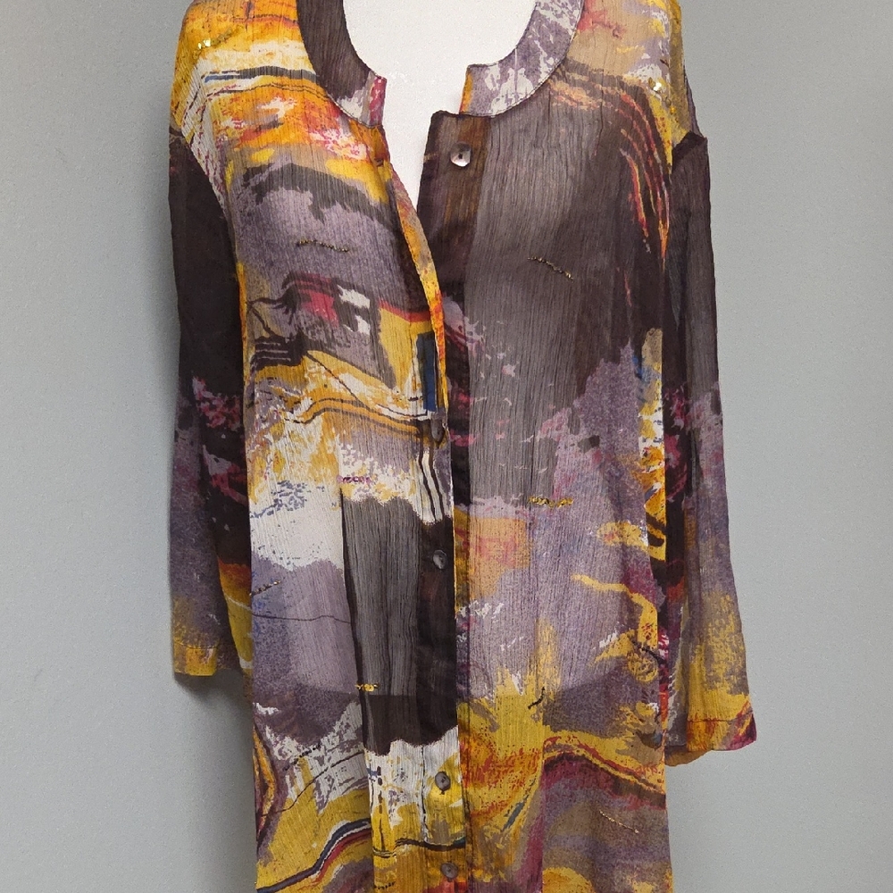 Ulla Popken Graphic Brown and Yellow 3/4 Sleeve Blouse
